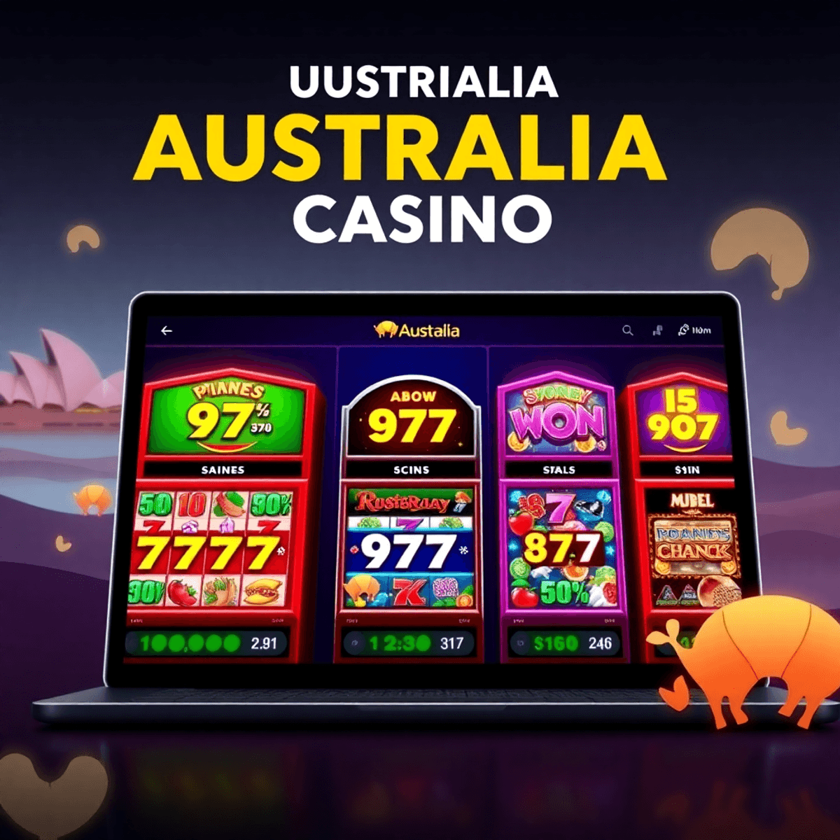 A modern online casino interface showing colorful pokie machines with RTP over 97%, set against a sleek digital background featuring the Sydney Ope...