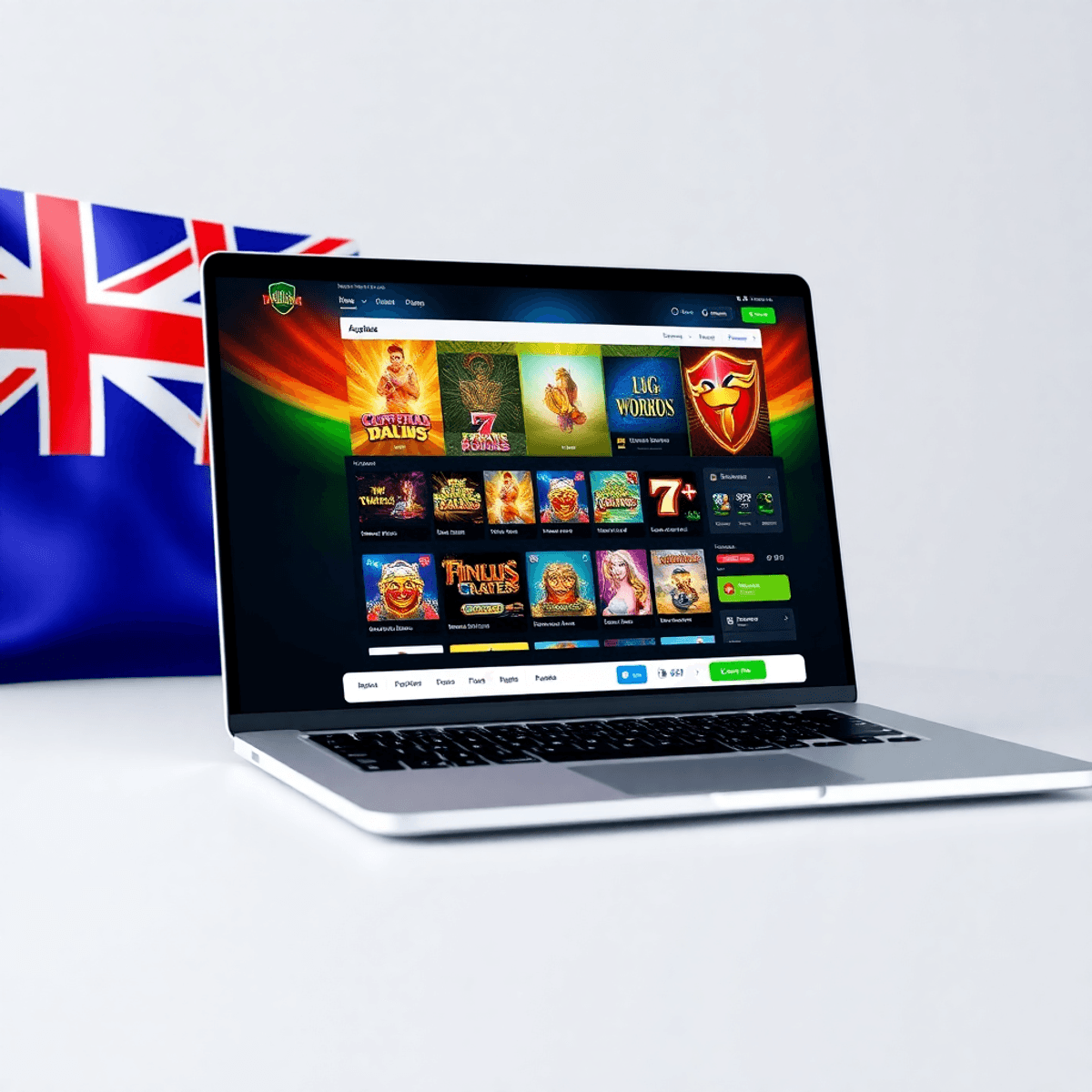 Laptop showing a vibrant online casino interface with colorful slot icons and secure payment symbols, set against a subtle Australian flag background.