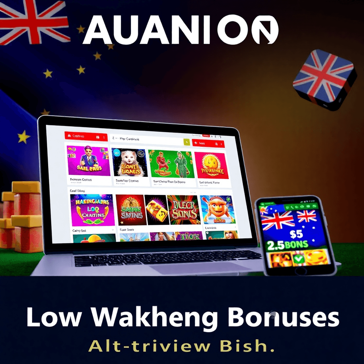 Laptop showing colorful casino games and bonus offers with subtle Australian flag in the background, creating an exciting, player-friendly online c...