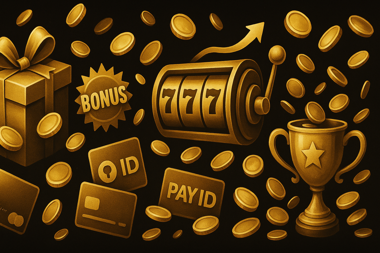gift box, coins, BONUS badge, slot 777, ID cards, trophy with star.