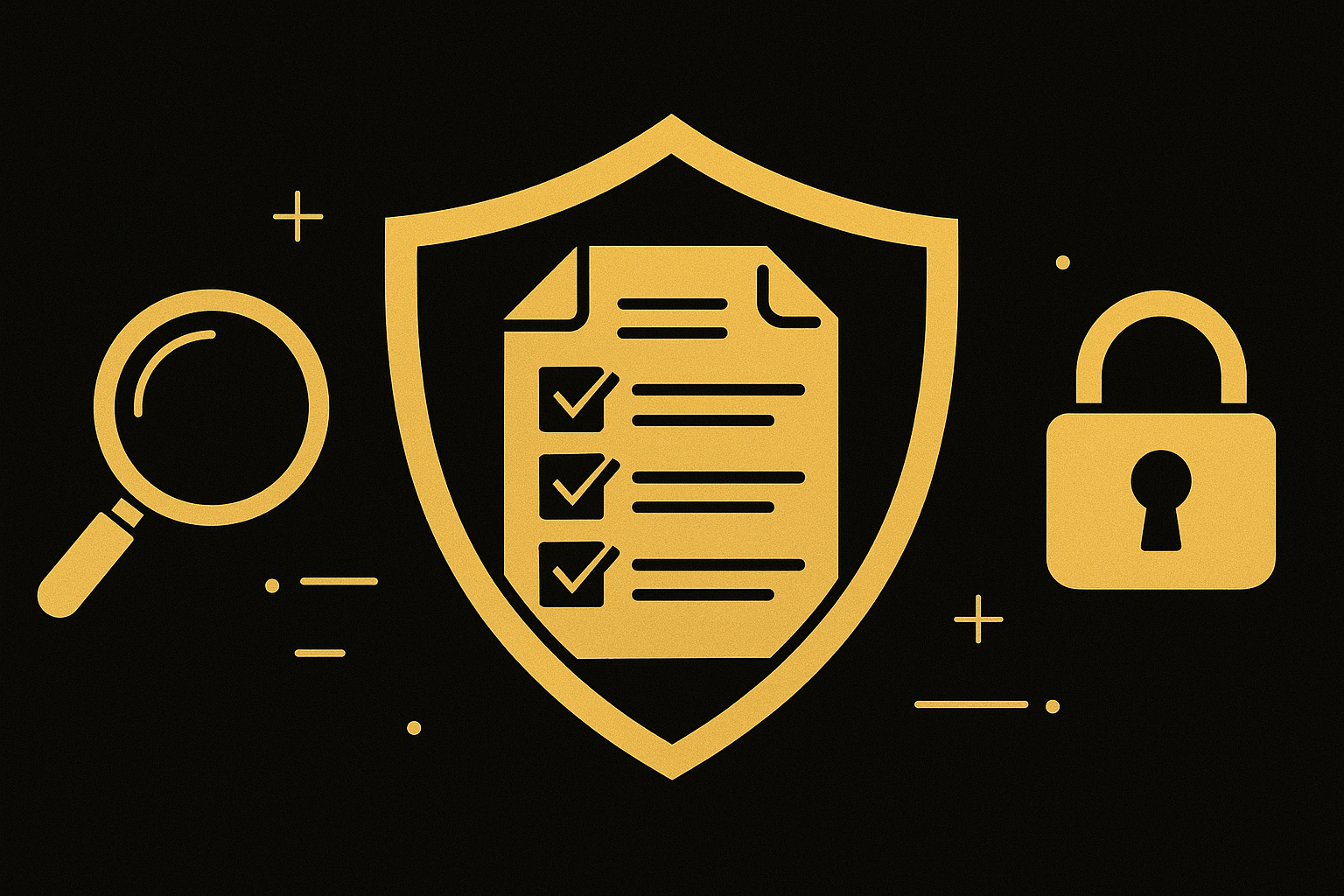 Shield with checklist, magnifying glass, and padlock in gold on black signify security themes.