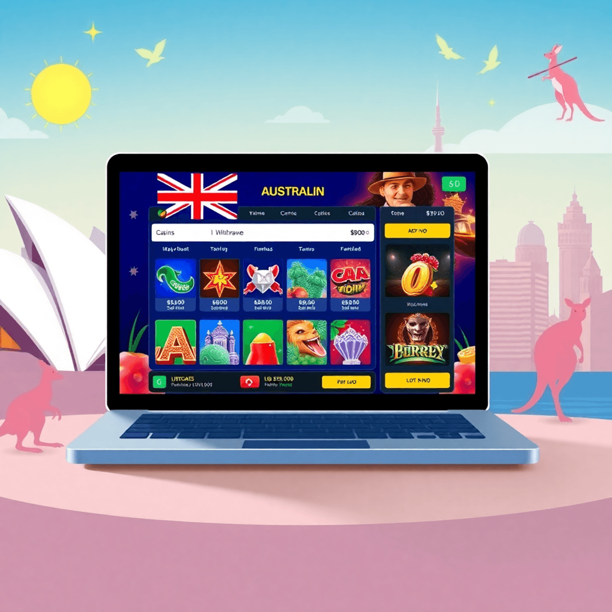 Laptop displaying a colorful Australian online casino interface with slot icons and withdrawal confirmation, set against Sydney Opera House and kan...